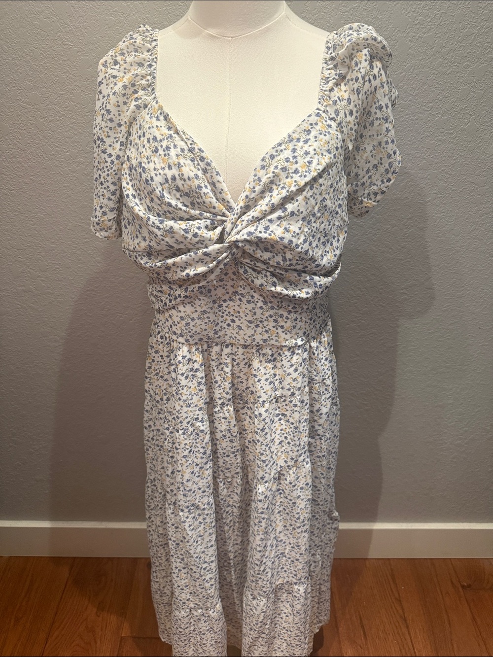 Baltic Born Floral Twist Front Midi Dress in White with Blue & Yellow Flowers